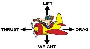Cart.oon depicting the four forces of flight. Lift, Thrust, Weight, an Drag.