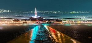 Airliner landing at night 
